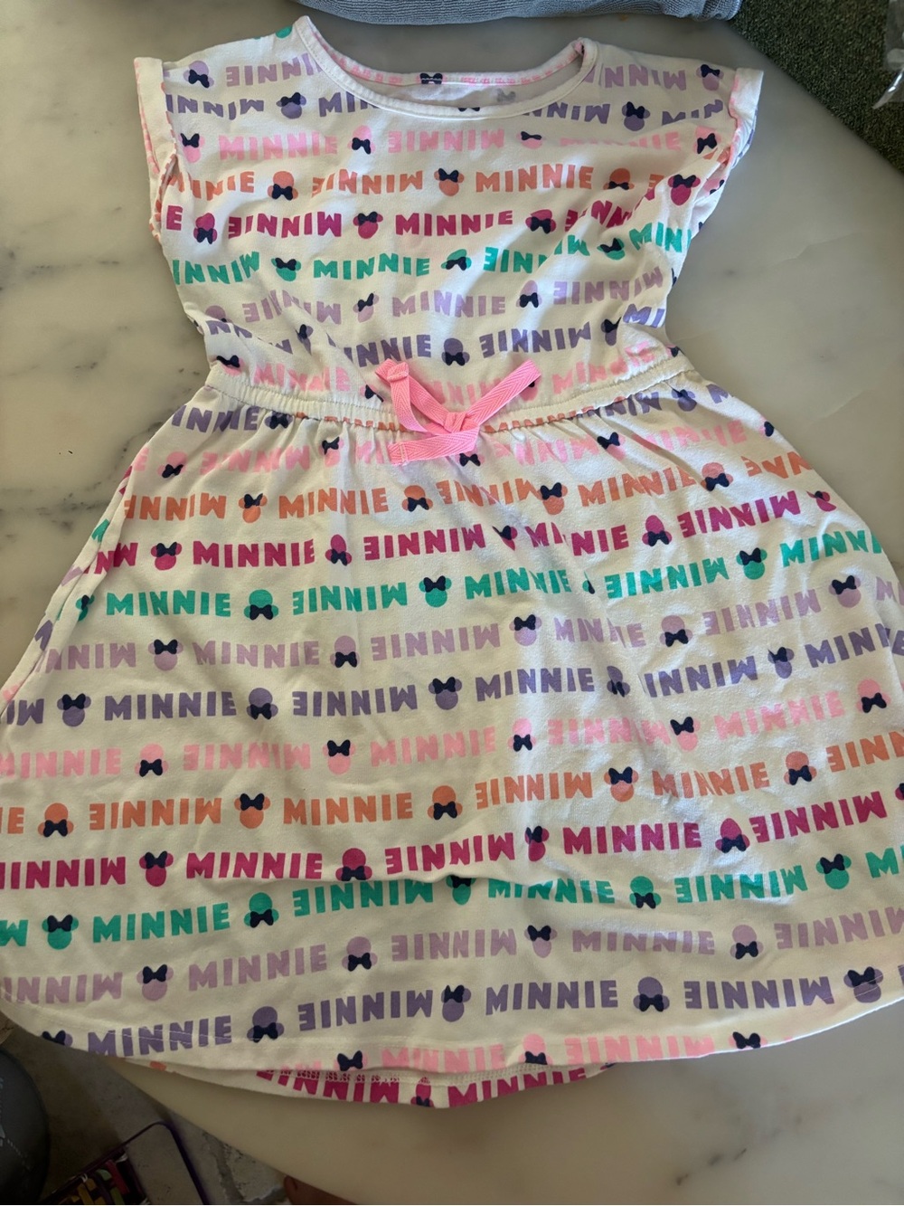 Disney Girls' White Dress with Pink Bow and Multi-Color Minnie